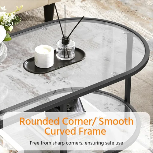 Miniatura 6 de Yaheetech Mesa de centro de cristal, pequeña mesa central negra con estante de almacenamiento para sala de estar, espacio pequeño, apartamento