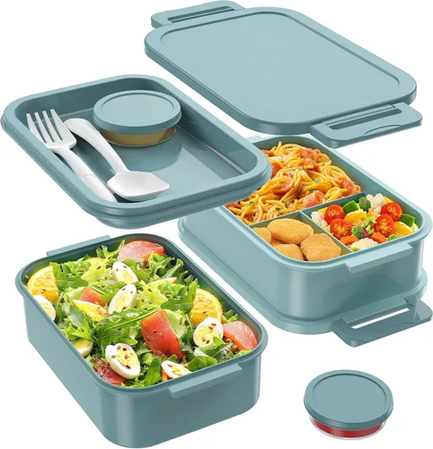 Jelife Caja Bento Lonchera para Adultos - Caja Bento Apilable de 72 oz para Adultos, 3 Capas Todo en Uno Caja Bento Grande a Prueba de Fugas con 2 -