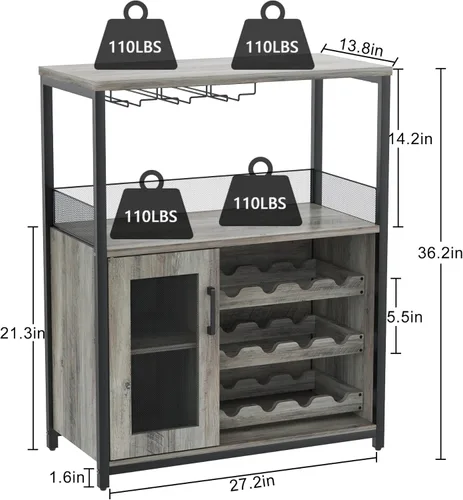 Miniatura 2 de IDEALHOUSE Armario de bar de vinos de 3 niveles con estante de vino desmontable y espacio de almacenamiento, gabinete de buffet con soporte de Gris