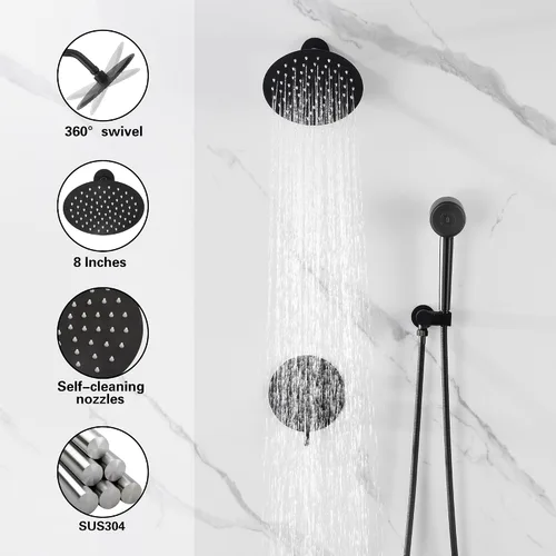 Miniatura 4 de Juego completo de grifos de ducha negros, accesorios de ducha, sistema de ducha con cabezal de ducha de lluvia de 8 pulgadas y 3 funciones de alta
