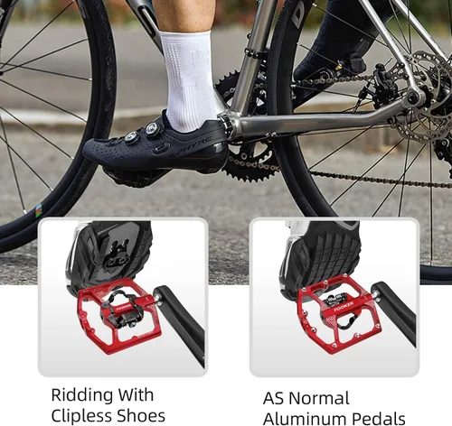 Miniatura 7 de FOOKER Pedales de bicicleta de montaña MTB, doble función plana y pedal, 3 rodamientos sellados plataforma plana compatible con pedal sin clip Rojo