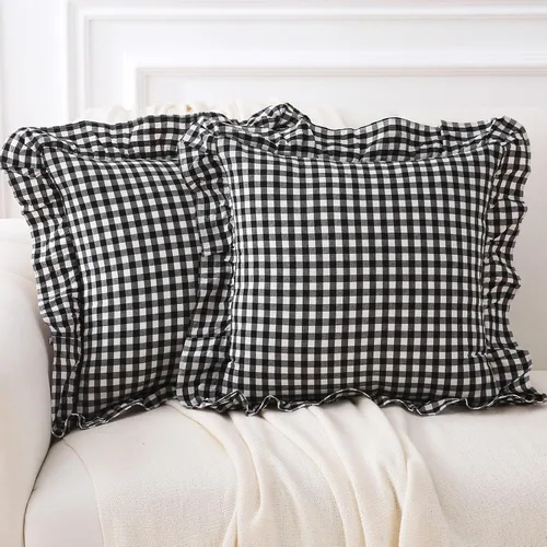 Juego de 2 fundas de cojín decorativo con volantes en diseño a cuadros negro y blanco tipo gingham, 100% algodón lavado, estilo rústico con patrón a