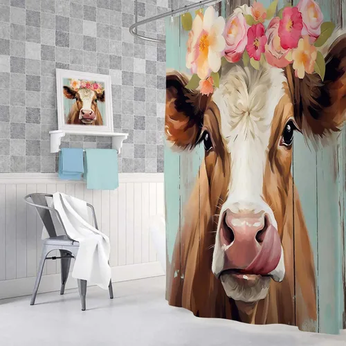 Miniatura 4 de JAWO Cortina de ducha de vaca de granja para baño, bonito juego de cortinas de ducha de tela de granja rústica sobre madera, divertidos accesorios
