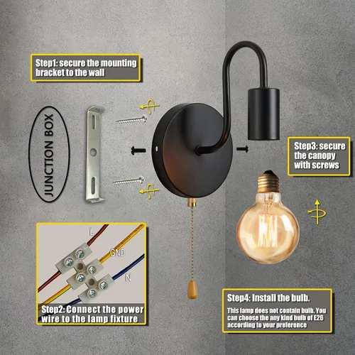 Miniatura 5 de Aplique de Pared Negro con Cadena de Tirar con Interruptor Luces de Pared Vintage E26 Lámpara de Pared Industrial Iluminación de Pared Retro