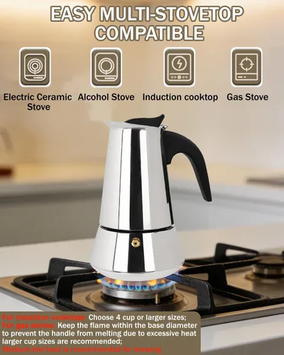 Miniatura 4 de Express Stovetop Coffee Maker 2 Cup 100ml 3.5oz-(Stainless Steel) Italian Espresso Maker Food-Grade Home Kitchen & Camping All Stovetops