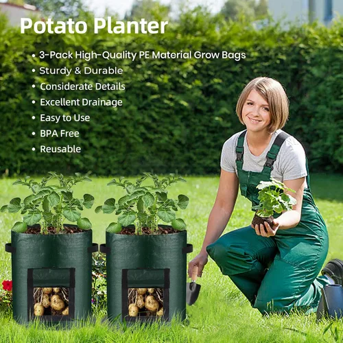 Miniatura 7 de Juego de 3 bolsas de cultivo de 10 galones, macetas de tela de polietileno resistentes con solapa y asas, bolsas de plantación verdes para papas