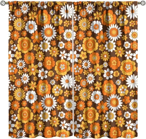 Cortinas estilo retro de los años 60, estilo hippie floral, blanco y naranja, estilo bohemio y moderno, para cocina, dormitorio, decoración del