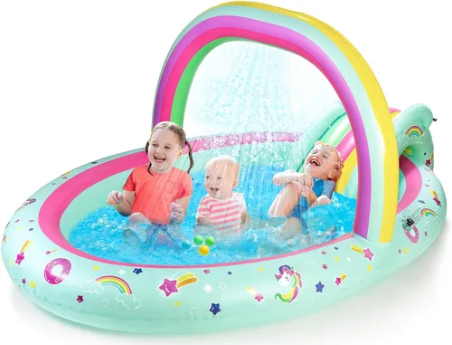 SULIFEEL Centro de Juegos Inflable de Unicornio Arcoíris Piscina para Niños con Tobogán y Aspersor para Niños, 96"x59"x39" pulgadas Piscina para