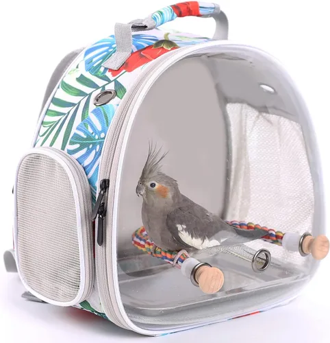 Miniatura 12 de Porta pájaros de viaje con soporte y percha, jaula transpirable para loros, portador de pájaros para senderismo, aprobado para aerolíneas Gris