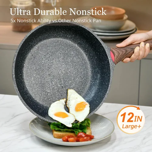 Miniatura 2 de Sartén antiadherente con tapa, 12 pulgadas, sin PFOA, revestimiento de granito sin PFOA, sartenes grandes de 11.8 in para la familia, juego
