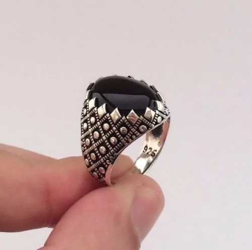 Miniatura 2 de Anillo de plata de ley 925K de ónix negro ovalado para hombre, Plata de ley, plata, Ónix