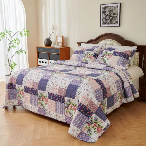 Miniatura 5 de EVENHUG Juego de edredón de retazos de 100% algodón, tamaño King, ligero, floral, juego de ropa de cama, colcha reversible con fundas de almohada