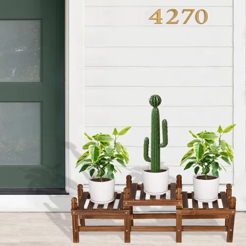 Miniatura 4 de Soporte para plantas de 3 niveles para interiores, banco bajo de madera para múltiples plantas, soporte largo para macetas de esquina
