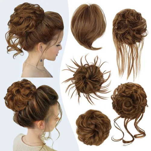 Miniatura 11 de HMD 5 piezas de moño despeinado para mujer, extensión de cabello con banda de goma elástica, extensión de cabello largo y desordenado, accesorios