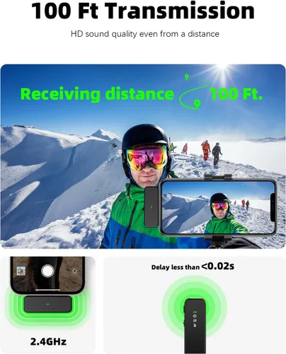 Miniatura 4 de Rythflo Micrófono Lavalier inalámbrico para iPhone Android PC con cancelación de ruido, transmisión de 100 pies, duración de la batería de 18 horas