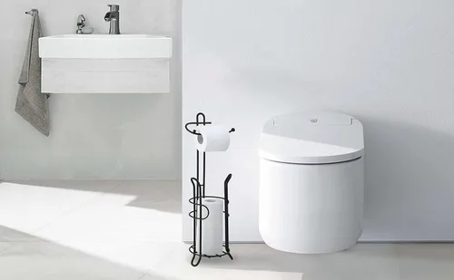 Miniatura 3 de SunnyPoint Soporte de papel higiénico independiente con almacenamiento, capacidad para 3 rollos de repuesto, acero resistente, acabado negro, fácil