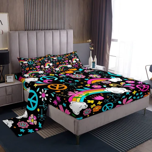Miniatura 27 de Bonito juego de sábanas de flores para niñas y mujeres, sábanas coloridas de dibujos animados de flores funky de tamaño individual, bonito juego