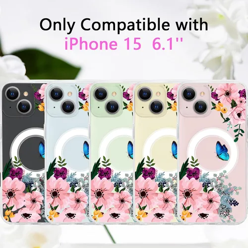 Miniatura 2 de Funda magnética de flores para iPhone 15 [compatible con MagSafe] Bonito patrón floral transparente a prueba de golpes