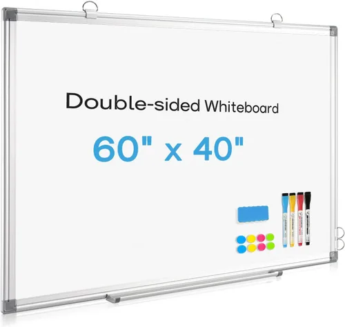 Pizarra blanca grande de borrado en seco para pared, 60 x 40 pulgadas, pizarra magnética de doble cara con bandeja larga para bolígrafos, pizarra