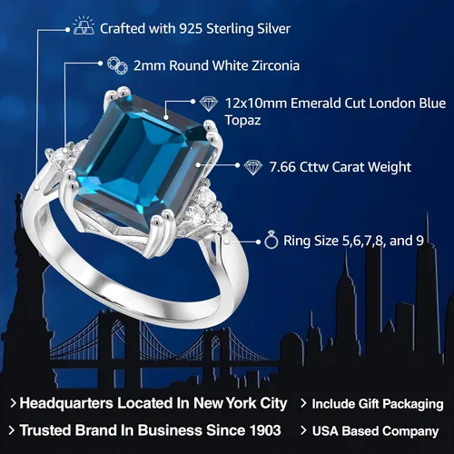 Miniatura 46 de Gem Stone King Anillo de compromiso con piedra natal de 5-10 quilates para mujer, plata de ley 925, corte esmeralda de 0.47 x 0.394 pulgadas, anillo