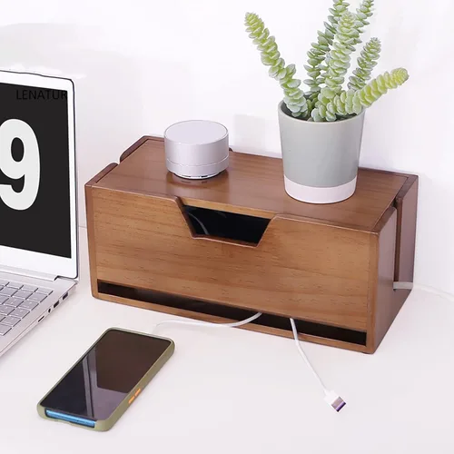 Miniatura 7 de Caja de organización de cables, caja de almacenamiento de alambre de madera, estante de enrutador de escritorio, organizador de cables grande