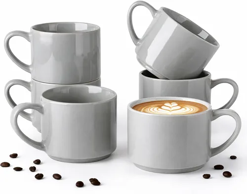 GBHOME Juego de 6 tazas de cerámica apilables de 14 onzas, tazas de café modernas para bebidas calientes, color gris, 14 onzas líquidas, 6 unidades