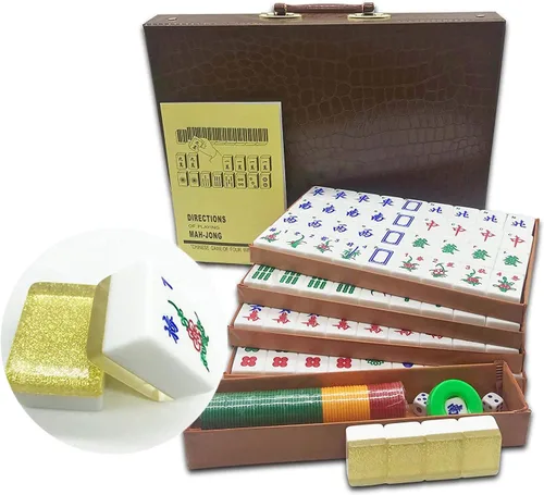 Mahjong chino XL 144 azulejos acrílicos numerados de 1.5 pulgadas, azulejos brillantes dorados grandes con estuche de viaje Pro Complete Mahjong