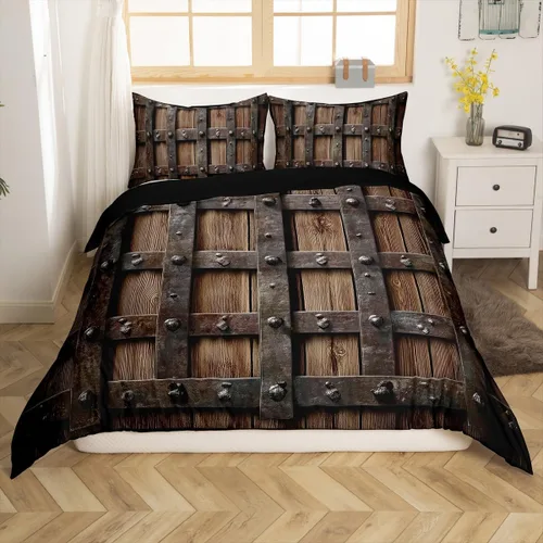 Miniatura 11 de Erosebridal Funda de edredón de madera con puerta de granero, juegos de ropa de cama estilo occidental, tamaño Queen, funda de edredón rústica