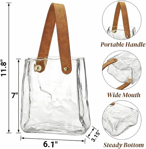 Miniatura 2 de Noamus Jarrón de cristal para flores, jarrones únicos con asa de cuero, florero decorativo con forma de bolso antiarrugas, cuenco de pescado