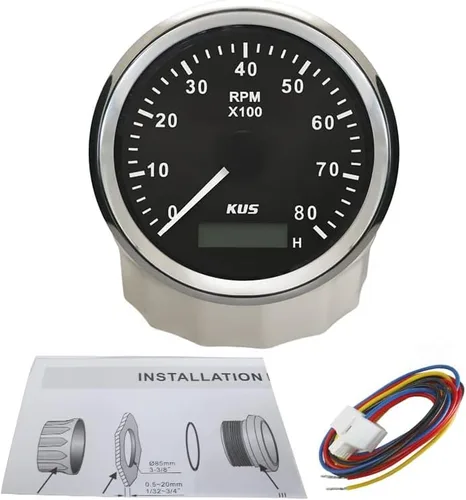 Miniatura 5 de Kus Tacómetro de 3.346 in RPM REV Contador con medidor de horas 8000RPM con retroiluminación 12V/24V (8K-Negro+Acero Inoxidable)