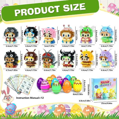 Miniatura 2 de Mini bloques de construcción de animales, paquete de 12 unidades, recuerdos de fiesta para construcción de niños, huevos de Pascua precargados