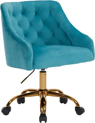 Miniatura 10 de MOJAY Silla Giratoria de Oficina de Terciopelo, Silla de Escritorio de Tela Elegante y Elegante con Detalles Dorados para Niñas, Silla de Recepción