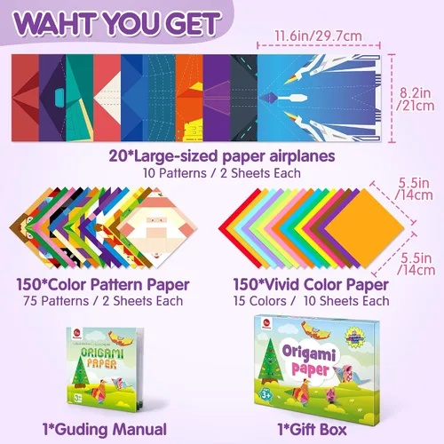 Miniatura 2 de Mocoosy Kit de origami de 320 hojas para niños de 5 a 8 y de 9 a 12 años, kit de aviones de papel, juego de papel para doblar de colores con libro
