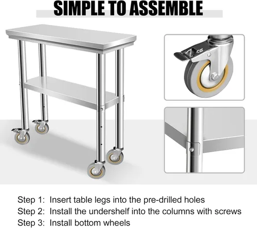 Miniatura 3 de Mesa de acero inoxidable para preparación de 30 x 12 pulgadas, mesa de trabajo resistente con 4 ruedas para cocina comercial, restaurante, hogar