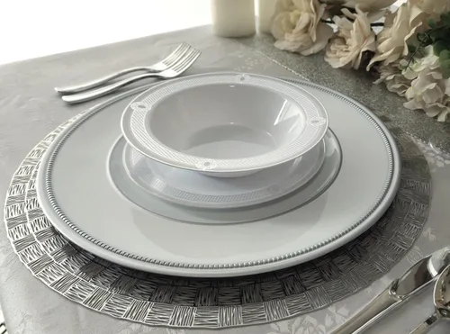 Miniatura 3 de OccasionS - 10 cargadores redondos de plástico acrílico de 13 pulgadas, para decoración de cenas, platos de carga (corona, blanco y plateado)