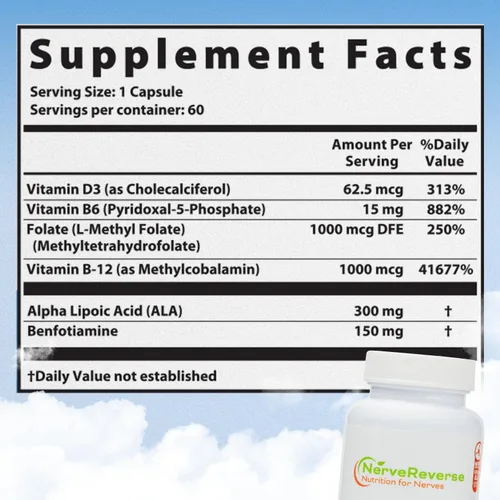 Miniatura 3 de NerveReverse Neuropatía Support Formula-Ácido alfa lipoico 600 mg, Benfotiamina Extra Fuerza, B12, B9, B6 y D3 - Apoyo para nervios, energía