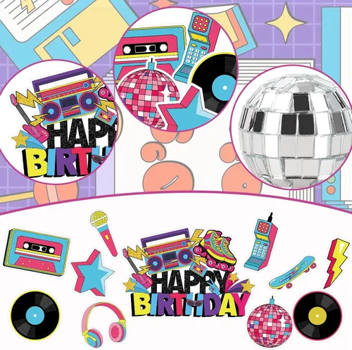 Miniatura 8 de Hooqict 26 piezas de decoraciones de pasteles de los años 80 y 90, decoraciones retro de los años 80 de hip hop con bolas de purpurina para cupcakes