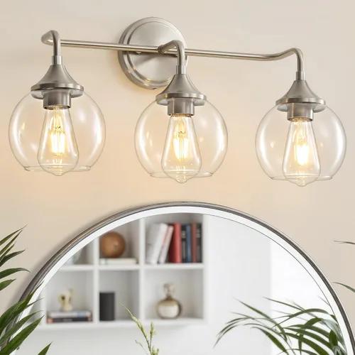 Miniatura 19 de Lámpara de Tocador de Baño Dorada con Pantalla de Vidrio Transparente, Base E26, Luminarias de Baño de 2 Luces Sobre Espejo, Luces de Tocador de 14