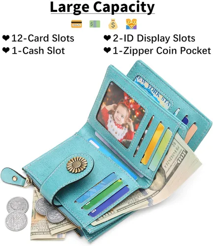 Miniatura 104 de SENDEFN - Billetera pequeña de piel auténtica para mujer, diseño plegable con ventana para tarjeta de identificación