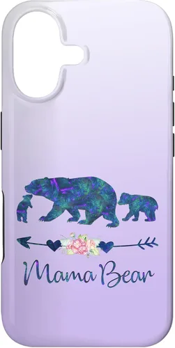 Teal Blue Purple Floral Mama Bear and Two Cubs Silver Purple Case for iPhone 17