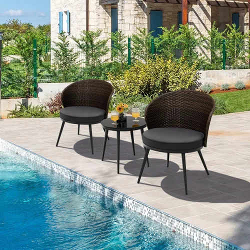 Miniatura 2 de Tangkula Juego de 3 piezas de ratán para patio, juego de conversación de mimbre para exteriores con 2 cojines de asiento, mesa de vidrio templado