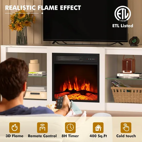 Miniatura 5 de Kucreiheat Soporte de TV con chimenea con luz LED y centro de entretenimiento con chimenea para TV de 65 pulgadas con estantes de vidrio ajustables