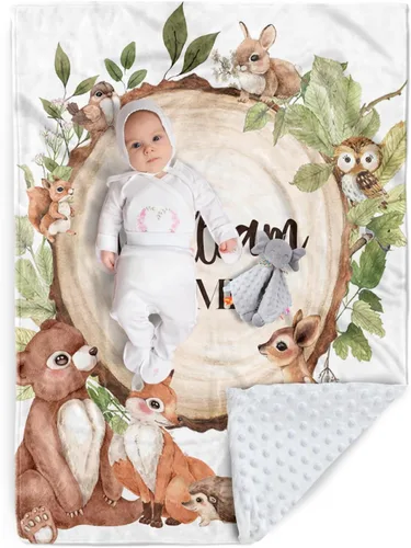 Miniatura 10 de Manta de bebé personalizada, nombre personalizado con diseño de animales del bosque, manta de felpa suave con respaldo punteado de doble capa