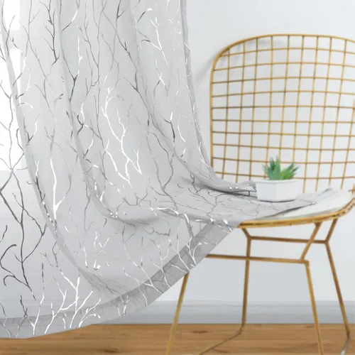 Miniatura 18 de Kotile Cortinas traslúcidas de rama de árbol – Cortinas traslúcidas grises con estampado de rama de árbol en lámina dorada metálica de 63 pulgadas