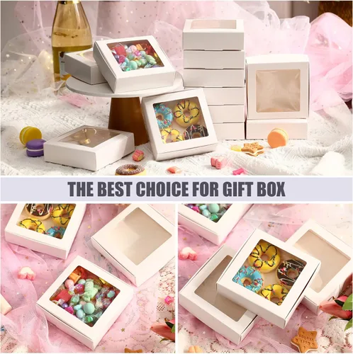 Miniatura 6 de Zonon 30 cajas de papel kraft con ventana de 4.13 x 4.13 x 1.18 pulgadas, embalaje de dulces, cajas de regalo pequeñas, soporte para jabón, mini