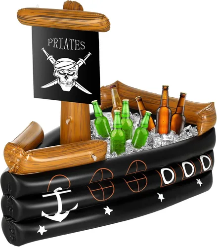 Miniatura 9 de Zhanmai Enfriador inflable de bebida de barco pirata, contenedor de comida inflable para verano, carnaval, Mardi Gras, fiesta de cumpleaños pirata