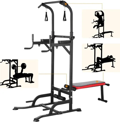 Miniatura 8 de Arlopu Torre de Potencia con Banco, Soporte de Barra de Dominadas, Barra de Fondos con Banco Plegable, 4 Cuerdas Entrenamiento de Fuerza, Equipo