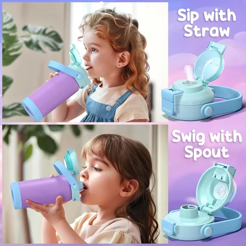 Miniatura 3 de Taza térmica para niños con popote de apertura y pico 2 en 1, 18 oz, tapa a prueba de derrames, acero inoxidable 18/8, taza térmica al vacío, sin