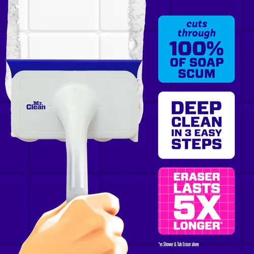 Miniatura 3 de Mr. Clean Borrador mágico para ducha y tina, limpiador de baño, limpiador de baño todo en uno, kit inicial de limón, 1 limpiador y 2 borradores