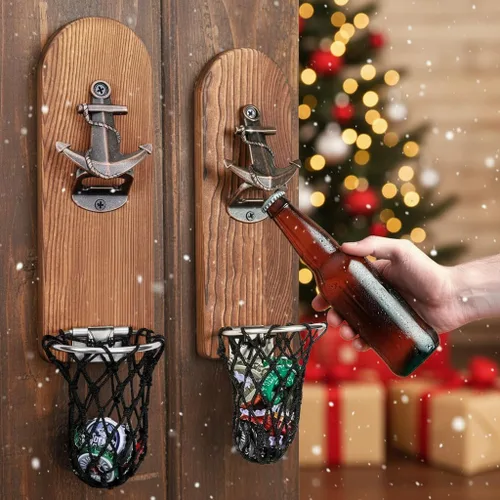 Miniatura 9 de Abrebotellas magnético único con atrapador de red, abridor de botellas de cerveza de madera montado en la pared, sacacorchos sin rastro, accesorios